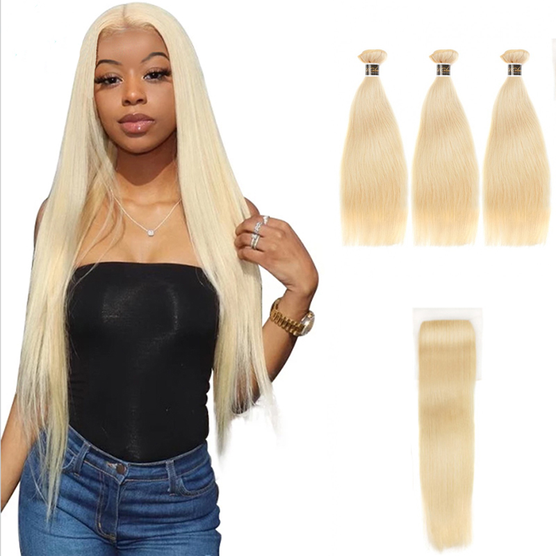 Virgin Human Hair Bundles With 4x4 Lace Closure Honey Blonde #613 Color Straight
